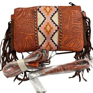 Western-Style Tooled Faux Leather Crossbody Purse Fringe Aztec Beaded Accent NEW